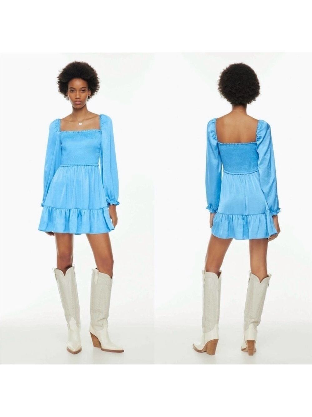 NWT Wilfred Tempest Satin Dress Smocked Mini Dress Wave Blue Small BRAND NEW